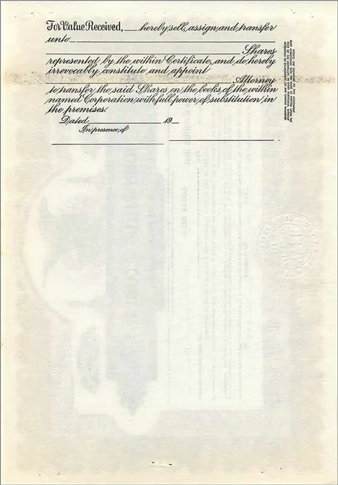 Certificado de ações da empresa John Blair & Company — Delaware — n° B294 - Verso