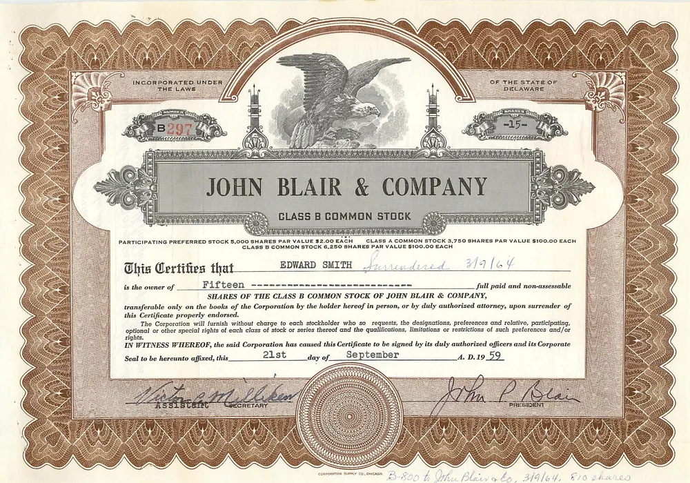 Certificado de acciones de John Blair & Company — Delaware — editor Corporation Supply Co. Chicago - Anverso