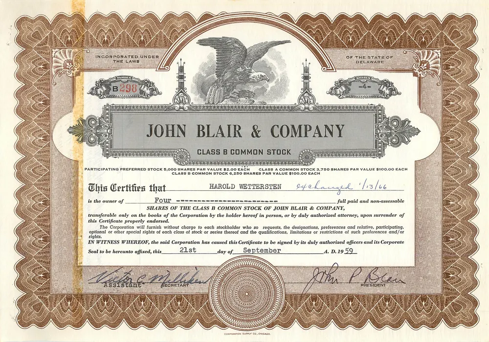 Certificado de acciones de John Blair & Company — Clase B — editor Corrigan & Co. Chicago - Anverso