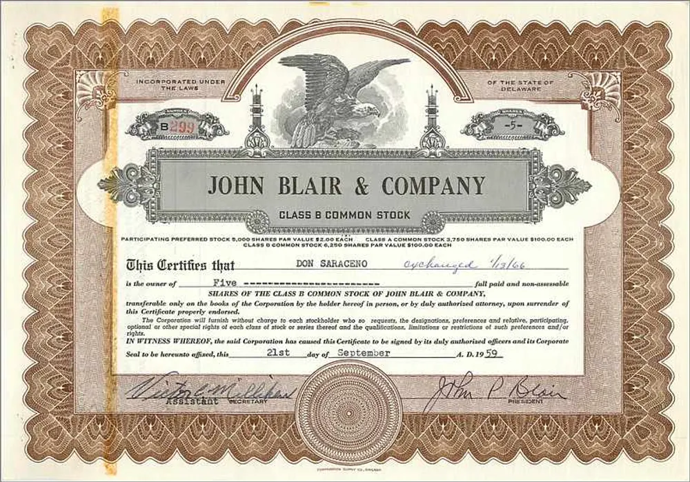 Certificado de ações da John Blair & Company — Classe B — editor: Society of Chicago - Frente