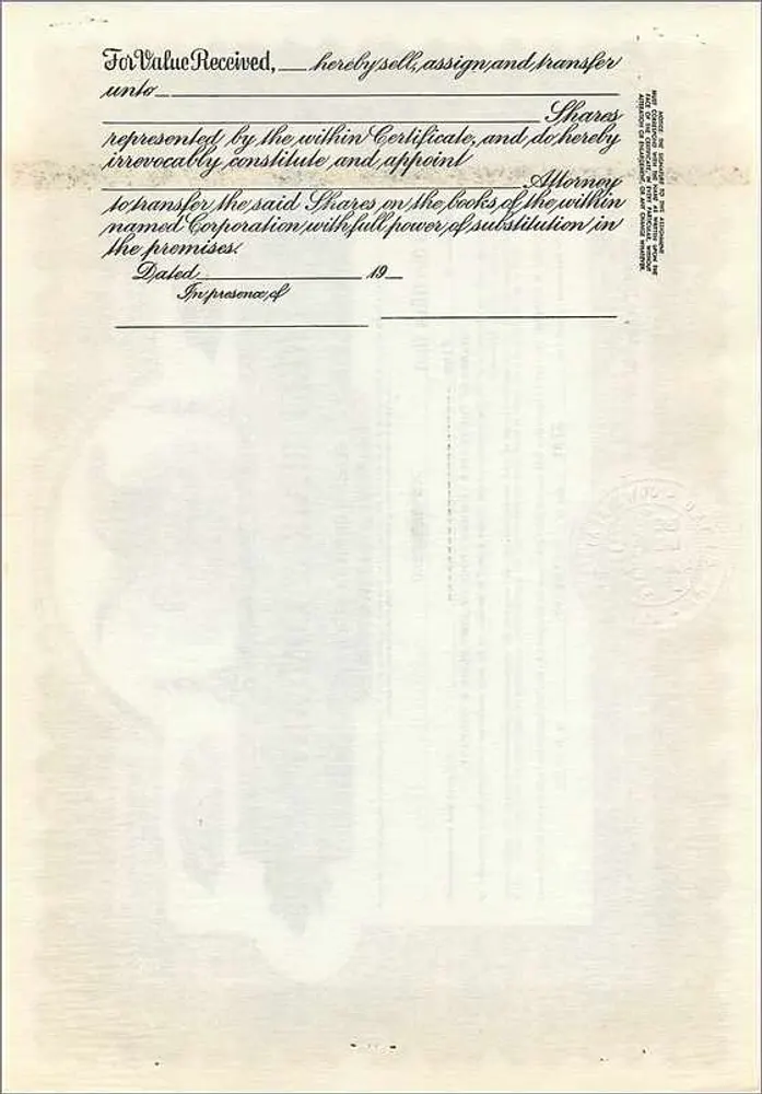 Certificado de ações da John Blair & Company — Classe B — editor: Society of Chicago - Verso