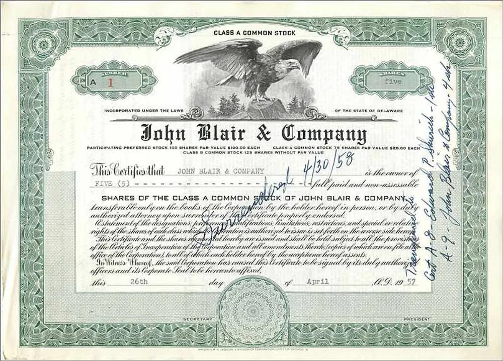 Acción de la sociedad John Blair & Company — Class A Common Stock — N°1 - Anverso