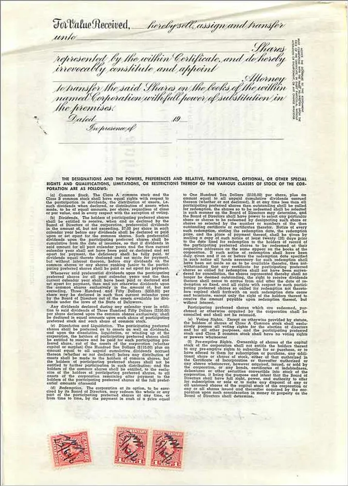 Acción de la sociedad John Blair & Company — Class A Common Stock — N°1 - Reverso