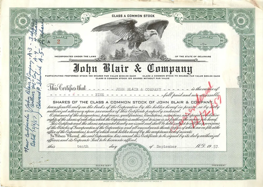 Acción de la sociedad John Blair & Company — Clase A Common Stock — Editor Dwight & M. H. Jackson, Chicago - Anverso