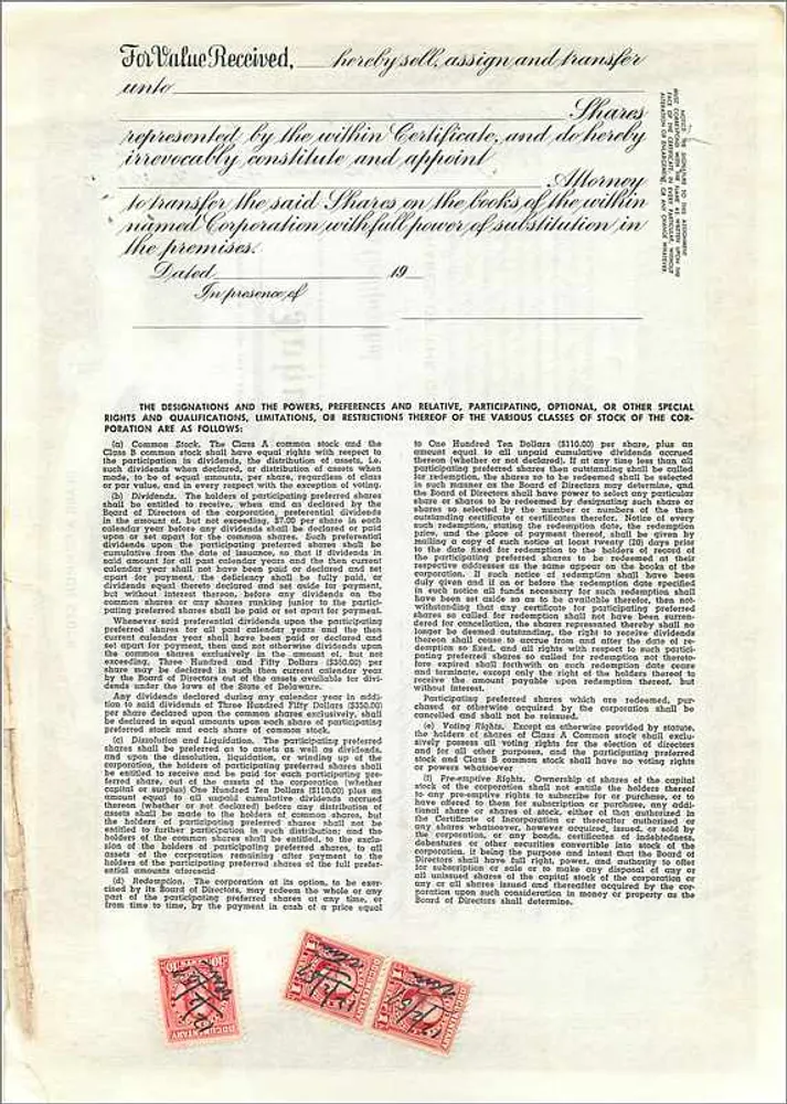 Acción de la sociedad John Blair & Company — Clase A Common Stock — Editor Dwight & M. H. Jackson, Chicago - Reverso