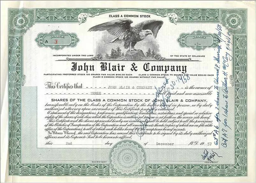 Acción de la sociedad John Blair & Company — Acción de clase A — Editor no visible - Anverso