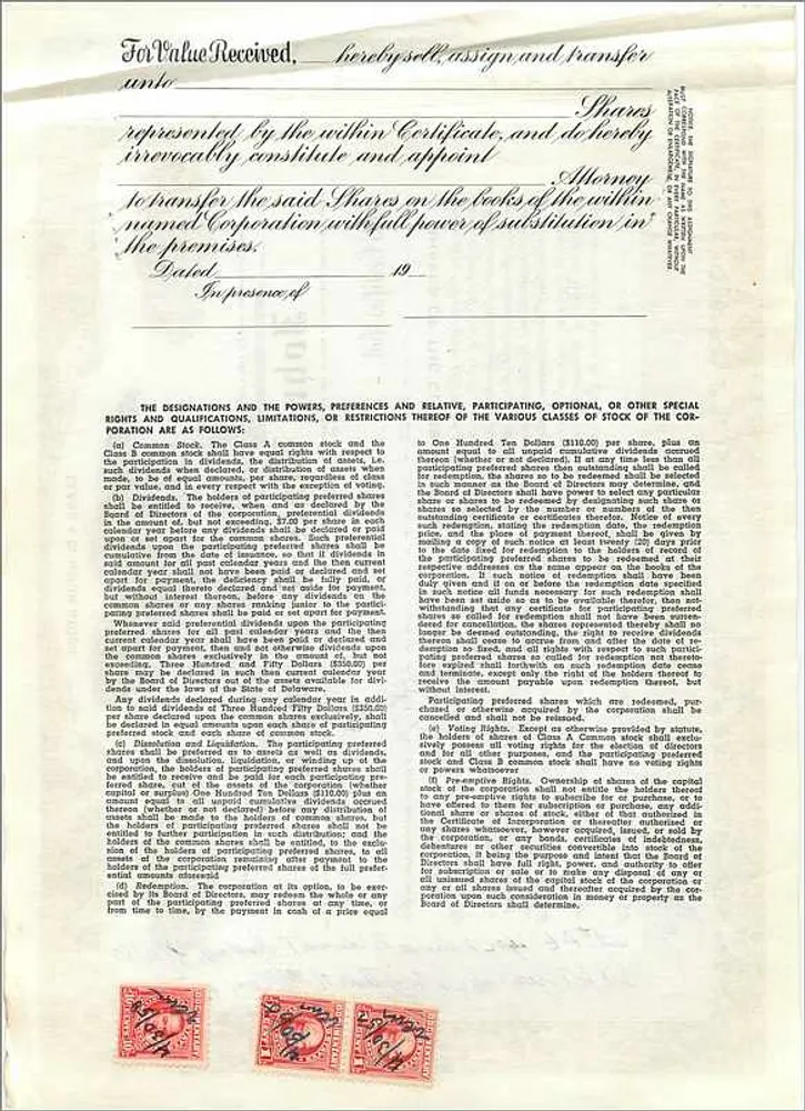 Acción de la sociedad John Blair & Company — Acción de clase A — Editor no visible - Reverso