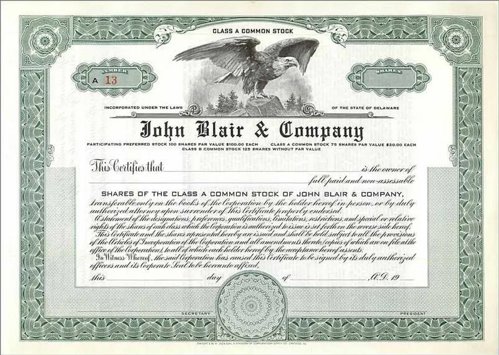 Certificado de ações da John Blair & Company — Editor não identificado, n° de série 13 - Frente