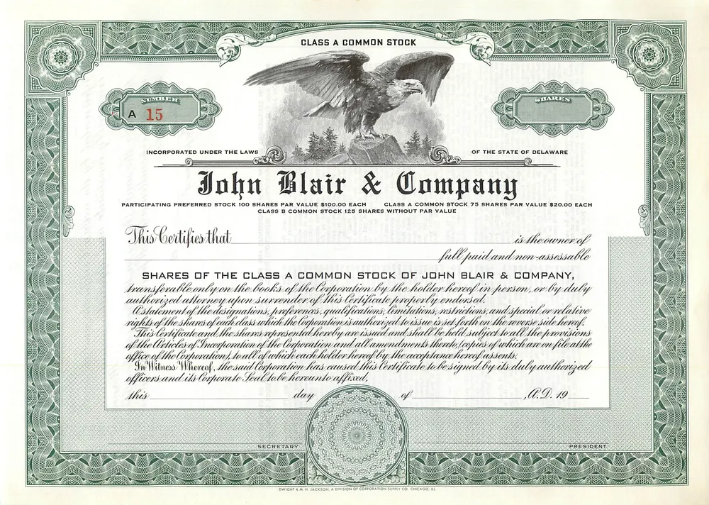 Certificado de acciones de la sociedad John Blair & Company — editor Dwight M. H. Jackson, Chicago, IL - Anverso
