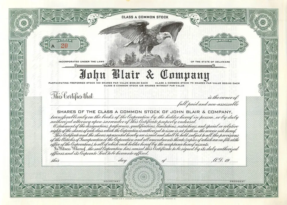 John Blair & Company 주식회사 — Class A 일반 주식 — 발행자 Dwight R.M. Jackson, Chicago, IL - 앞면
