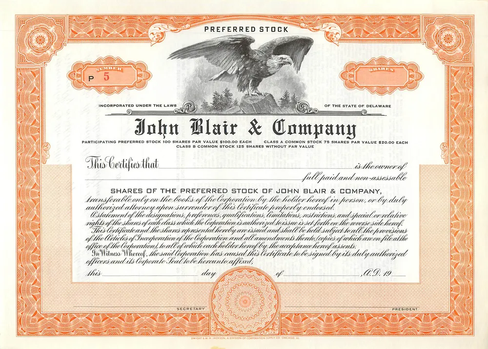 Certificado de acciones preferentes — John Blair & Company — editor Dwight S. M. H. Jackson, Chicago, IL - Anverso