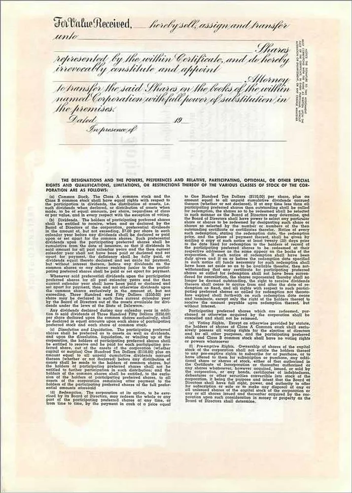 Certificado de acciones preferentes — John Blair & Company — editor Dwight S. M. H. Jackson, Chicago, IL - Reverso