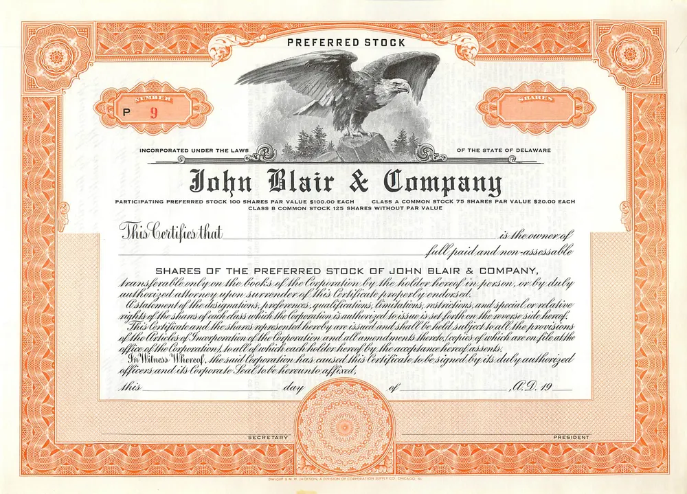 Certificado de ações preferenciais — John Blair & Company — editor: DOWICH & M. H. JACKSON, CHICAGO, IL - Frente