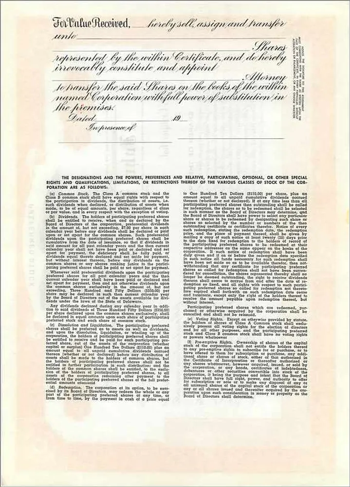 Certificado de ações preferenciais — John Blair & Company — editor: DOWICH & M. H. JACKSON, CHICAGO, IL - Verso