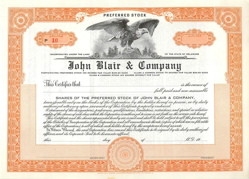 Certificat de parts préférentielles — John Blair & Company — éditeur Dwight & M. H. Jackson, Chicago, IL - Recto