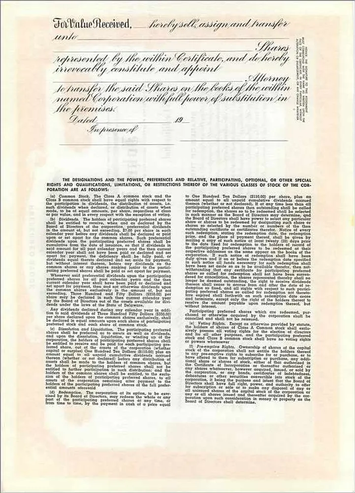 Certificat de parts préférentielles — John Blair & Company — éditeur Dwight & M. H. Jackson, Chicago, IL - Verso