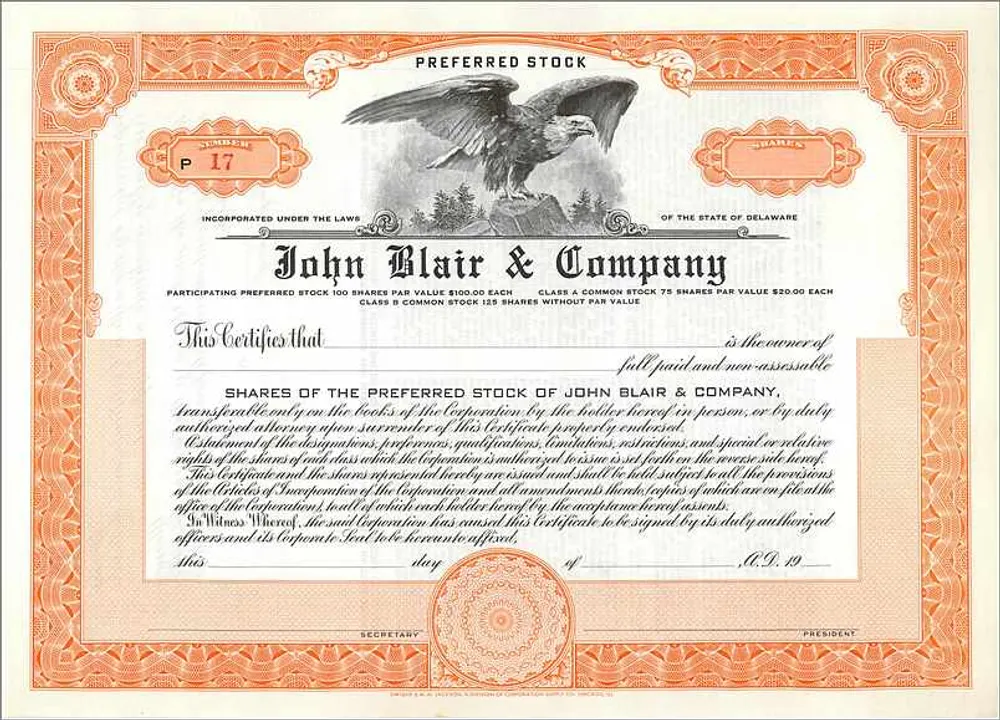Präferenzaktien-Zertifikat — John Blair & Company — Delaware - Vorderseite