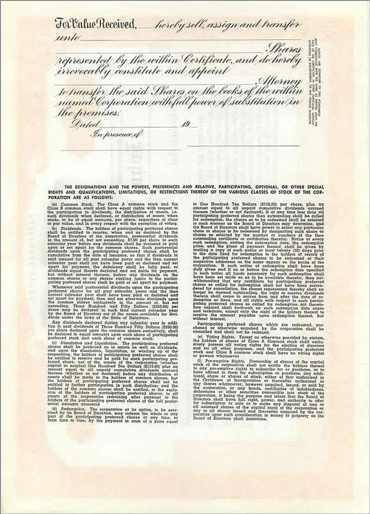 Präferenzaktien-Zertifikat — John Blair & Company — Delaware - Rückseite
