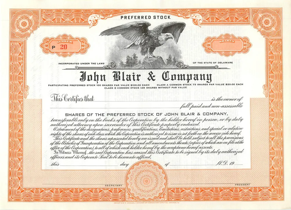 Shareholder of John Blair & Company — preference certificate — publisher Dwight & M. H. Jackson, Chicago - Front