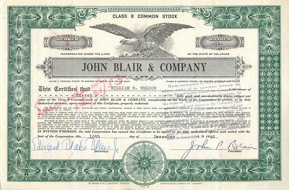 Certificat de parts de classe B — John Blair & Company — éditeur Dwight & M.H. Jackson, Chicago - Recto