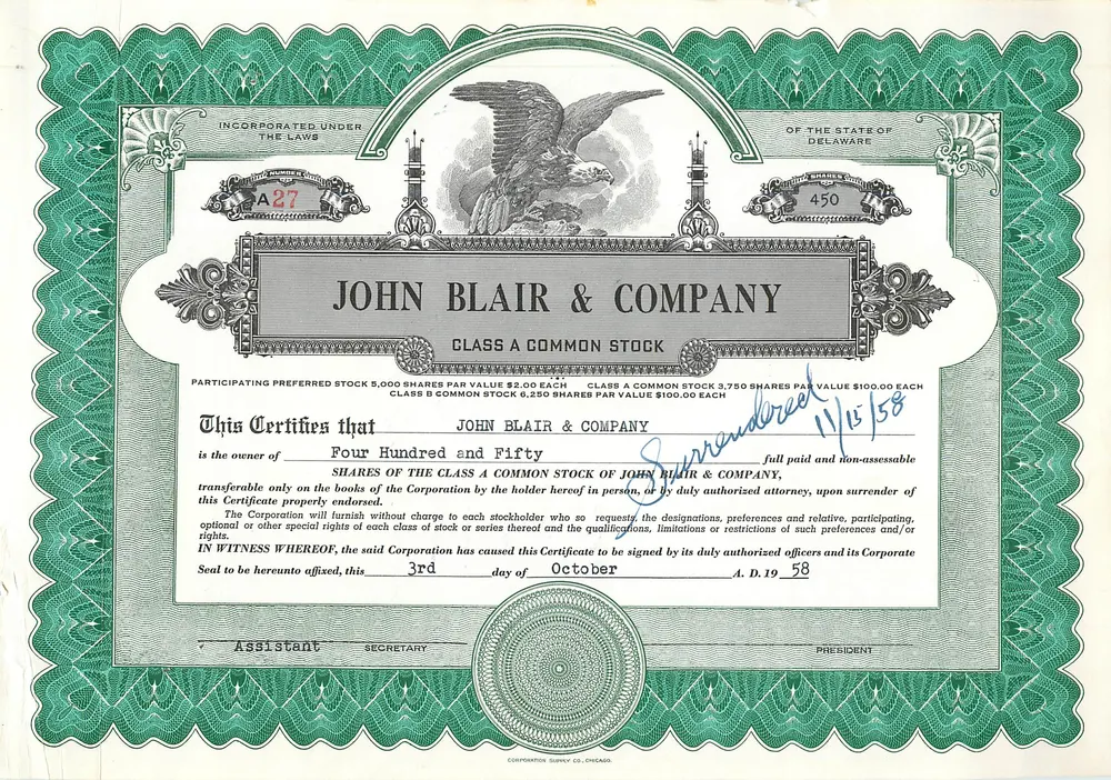 John Blair & Company — Ação da classe A — editora Corporation Supply Co. (Delaware) - Frente