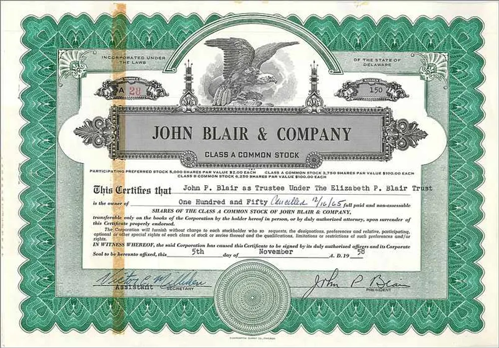 Acción de la sociedad John Blair & Company — acción de clase A — Delaware - Anverso