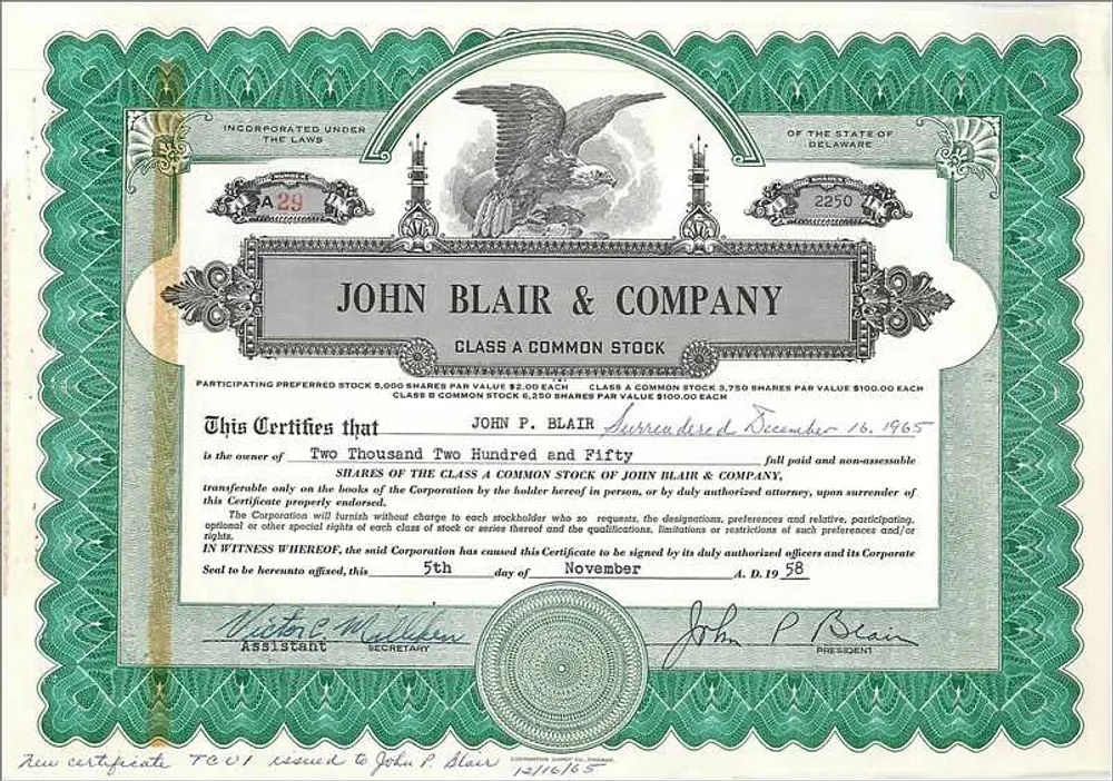 Certificado de ações de John Blair & Company — Delaware — n° 7001 - Frente