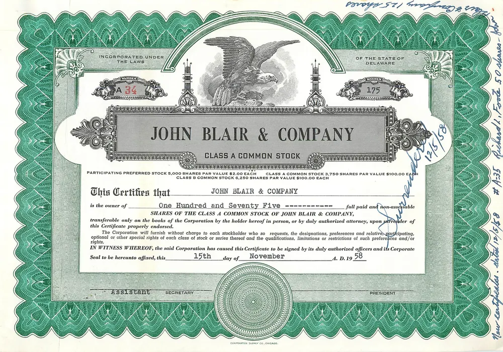 Ação da empresa John Blair & Company — ação da classe A — editor Corporate Supply Co. Chicago, n° 175 - Frente
