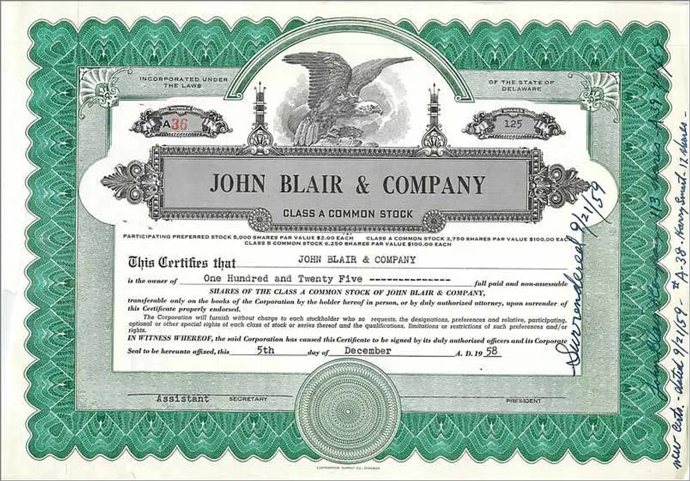 John Blair & Company — Ação da classe A — Delaware - Frente