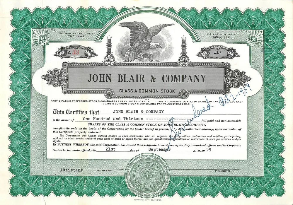 John Blair & Company — Acción de la clase A — editor Corporation Supply Co. Chicago, n° 113 - Anverso