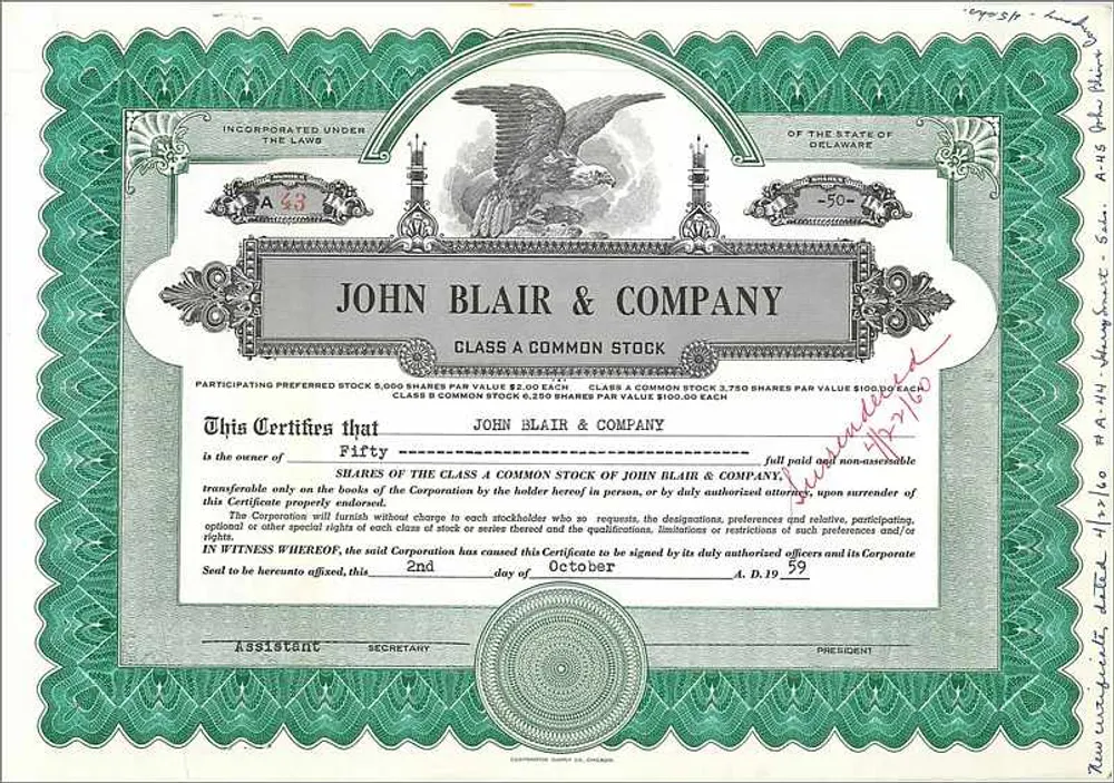 Aktienanteil der John Blair & Company — Delaware — Nr. 43 - Vorderseite
