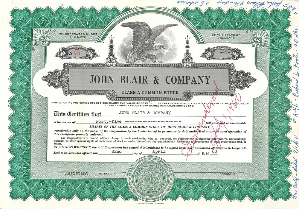 Certificado de ações da John Blair & Company — Delaware — editor Company Dury Co. Chicago - Frente