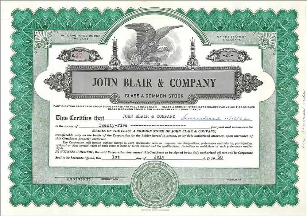 Certificado de ações da John Blair & Company — Classe A — emitido em 1960 - Frente