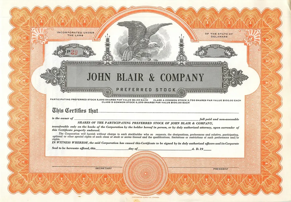 Certificado de acciones de John Blair & Company — Delaware — serie P29 - Anverso