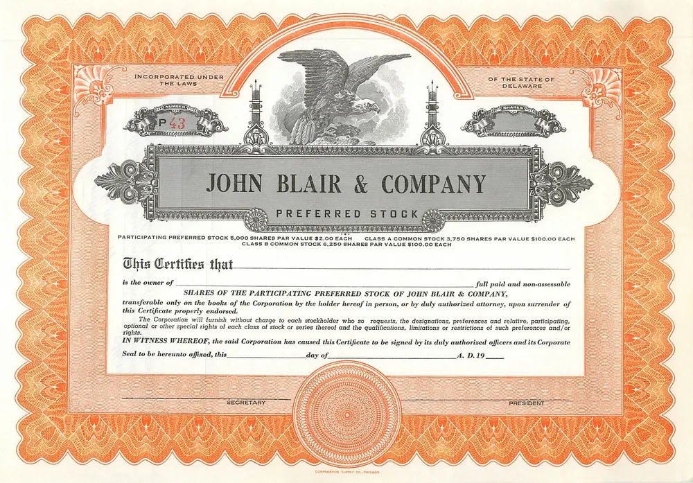 Accionista de John Blair & Company — certificado de preferencia — editor Commercial Supply Co. de Ohio - Anverso