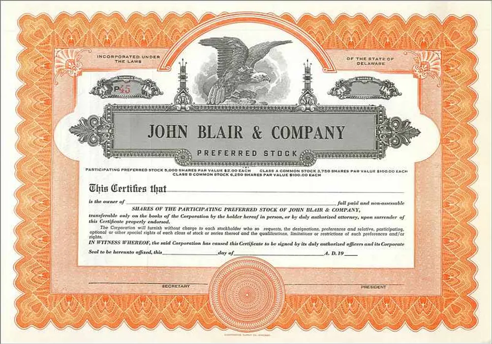 Certificado de ações preferenciais de John Blair & Company — Delaware - Frente