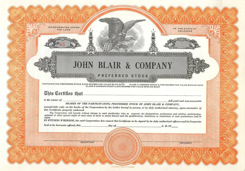 Certificate of Preferred Shares of John Blair & Company — Publisher Commercial Supply Co., Philadelphia - Front