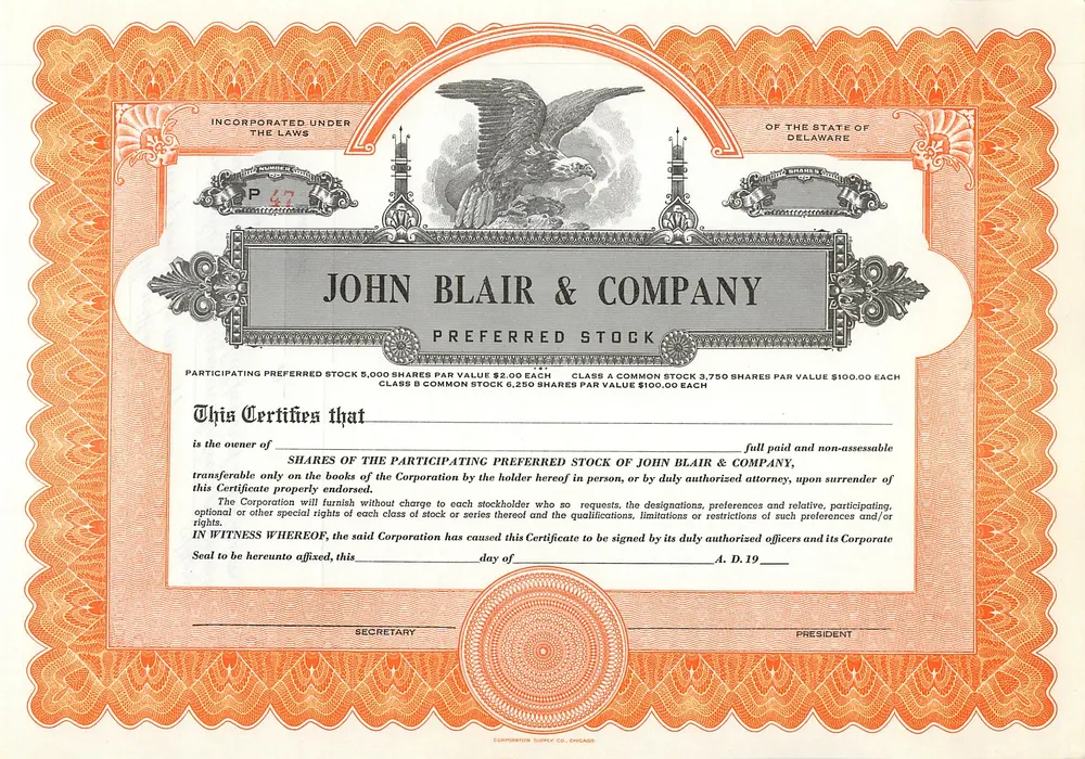 Ação da empresa — John Blair & Company — Corporation Supply Co. Chicago - Frente