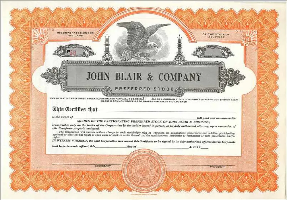 Acionista de John Blair & Company — certificado de preferência — Delaware - Frente