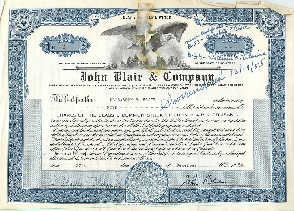 John Blair & Company — Ação da classe B — editor Dwight & M.H. Jackson, divisão da Corporation Supply Co, Chicago, IL - Frente
