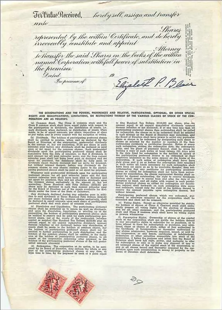 John Blair & Company — Ação da classe B — editor Dwight & M.H. Jackson, divisão da Corporation Supply Co, Chicago, IL - Verso