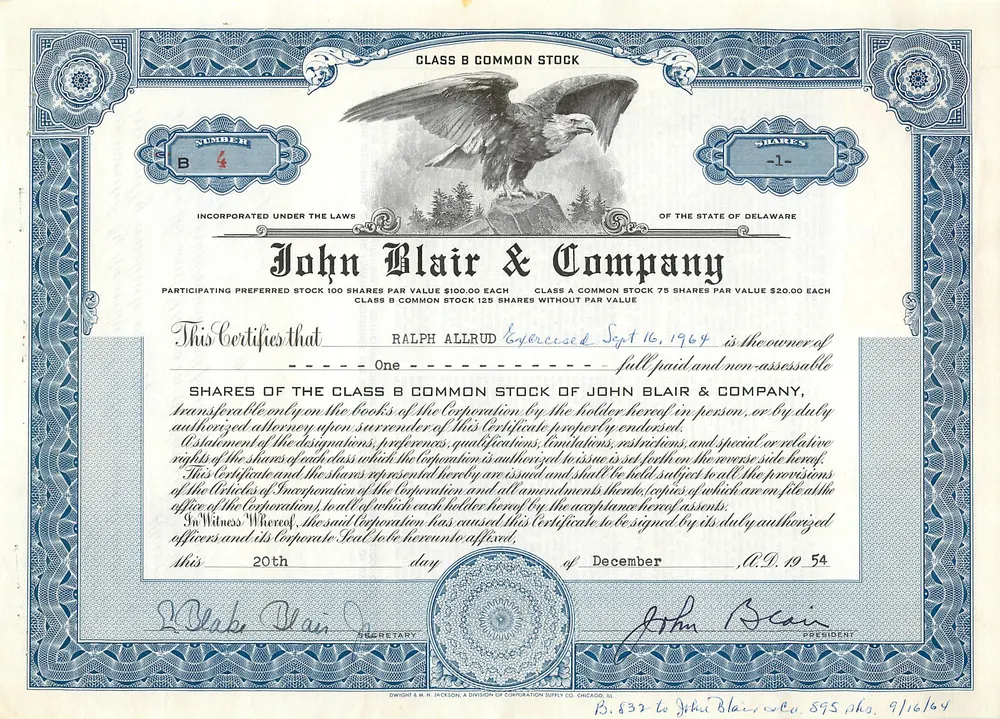Acción de la sociedad John Blair & Company — Acción de clase B — editor Dwight & R. H. Jackson, división de Corporation Supply Co., Chicago, IL - Anverso