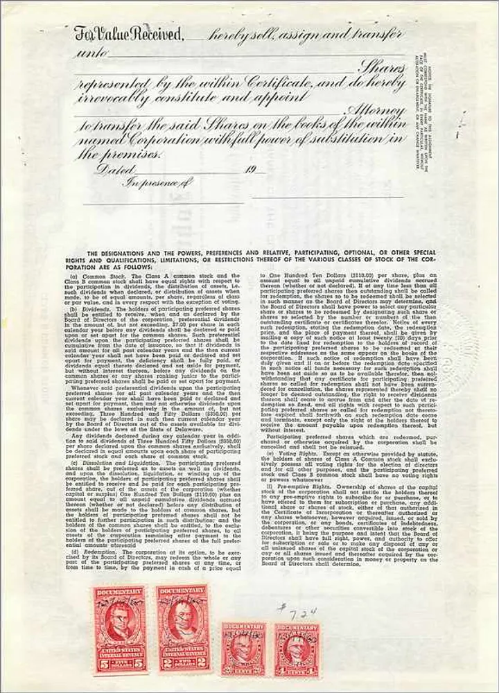 Certificado de ações da John Blair & Company — Delaware — N°5 - Verso