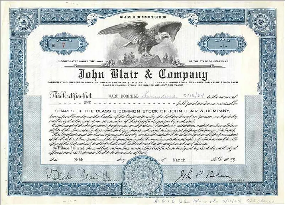 Ação da empresa John Blair & Company — Classe B — editor não visível - Frente
