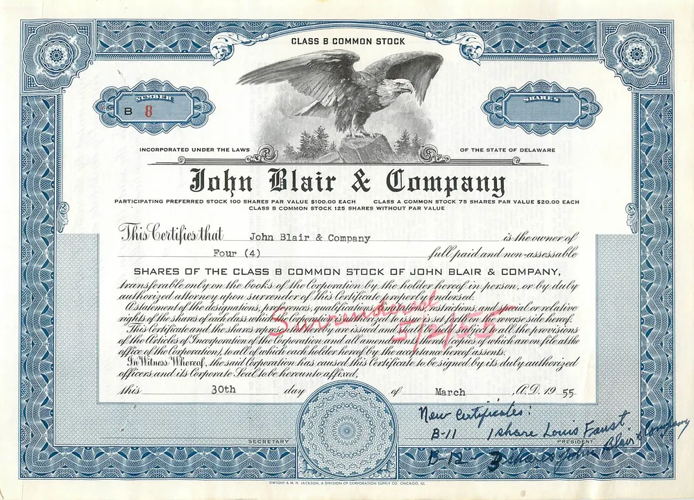 Ação da empresa John Blair & Company — Classe B — editor Dwight & M.H. Jackson, Chicago - Frente