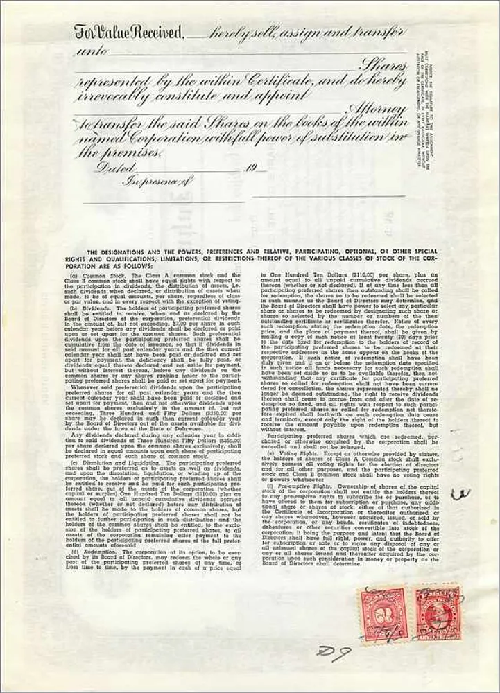 Ação da empresa John Blair & Company — Classe B — editor Dwight & M.H. Jackson, Chicago - Verso