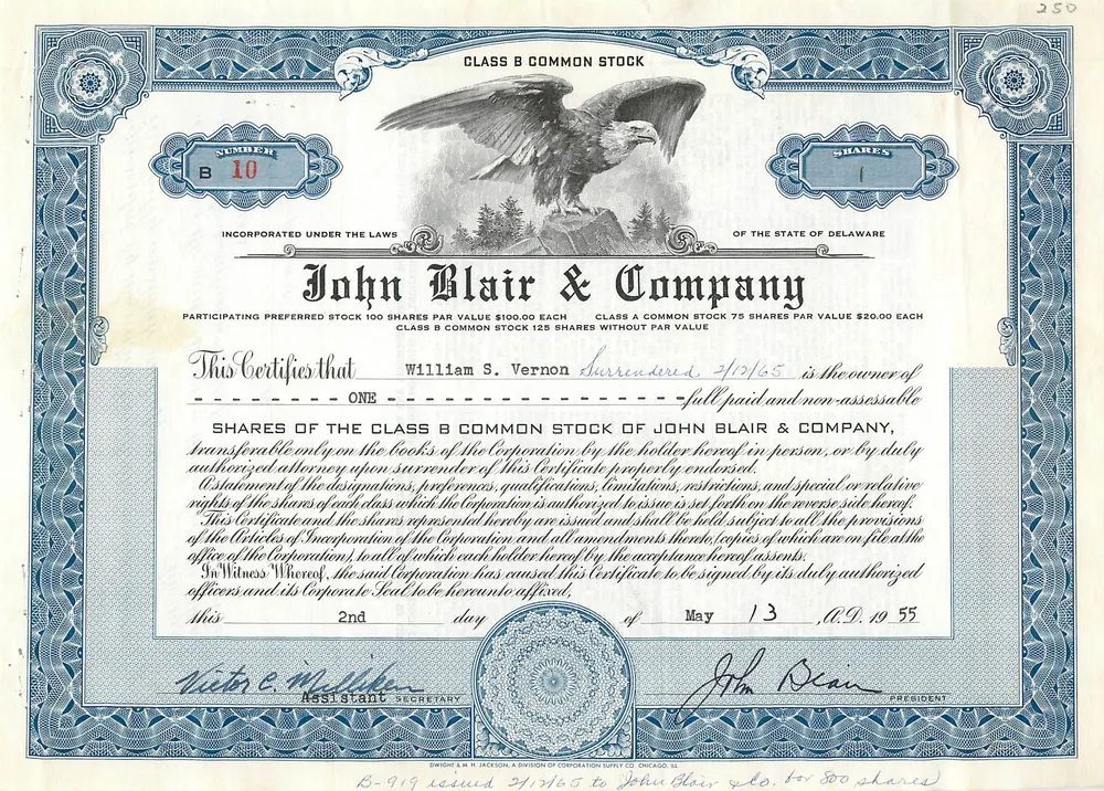 John Blair & Company — Ação de classe B — editor Dwight & M. T. Jackson, Chicago, IL - Frente