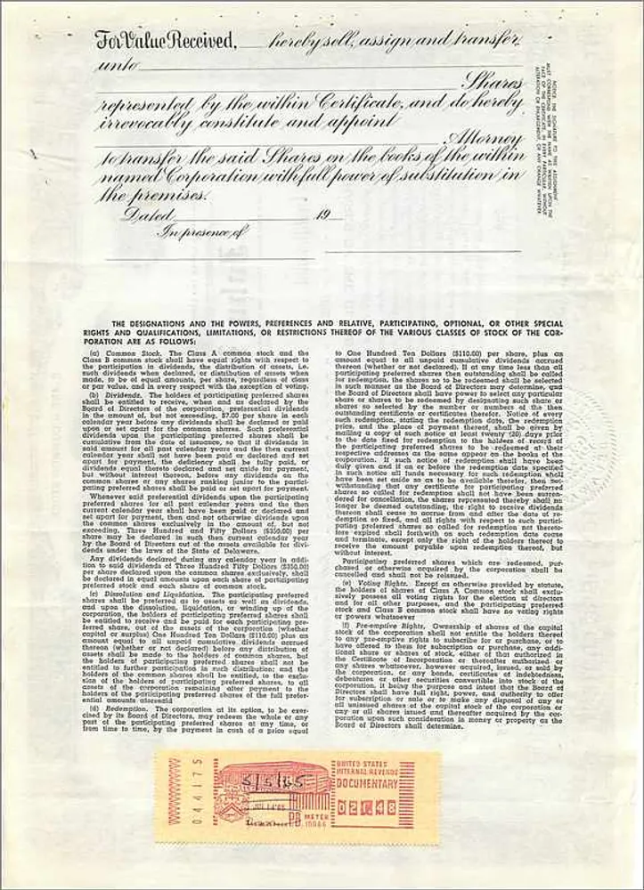 Ação da empresa John Blair & Company — Classe B — 2 de maio de 1955 - Verso