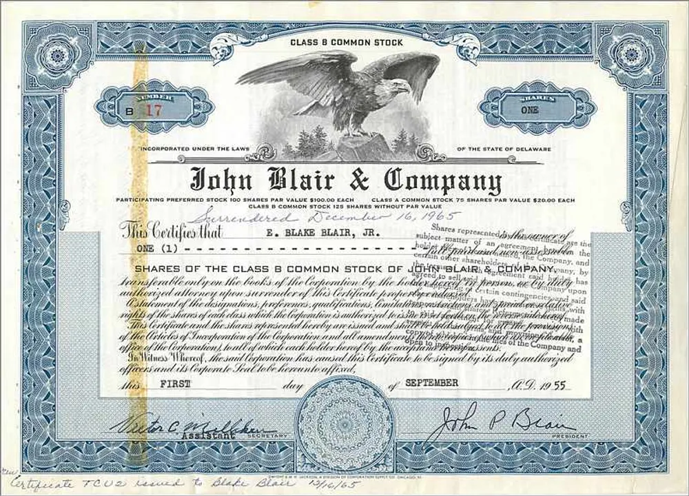 Certificado de la sociedad John Blair & Company — Clase B Common Stock — n° 17 - Anverso