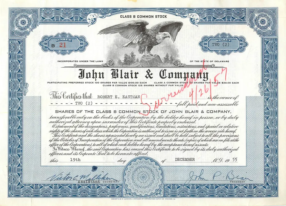 Ação da empresa John Blair & Company — Ação da classe B — N° 21 - Frente